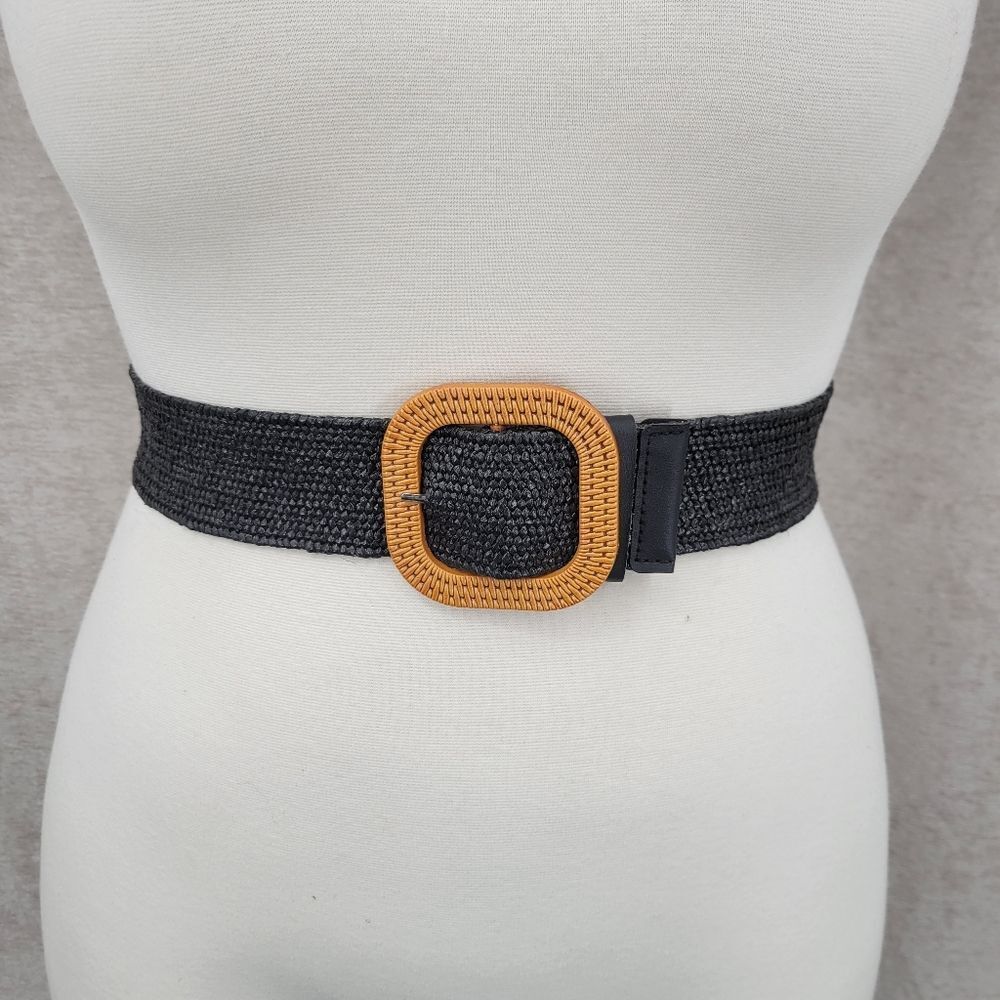 Black Woven Stretch Belt with Tan Buckle